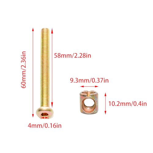 Lilaly 10 Set M6 x 60mm Barrel Nut and Bolt Set, Gold, Galvanized, Hex Head, Hex Shaft, Carbon Steel, Universal Furniture Hardware Kit M6 * 60mm