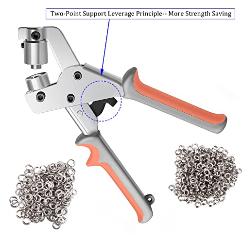 KING PIECES Grommet Tool Kit Handheld Hole Punch Pliers Portable Grommet Hand Press Machine Manual Puncher w/ 500pcs+1000pcs Silver Grommets of 3/8 Inch (10mm)
