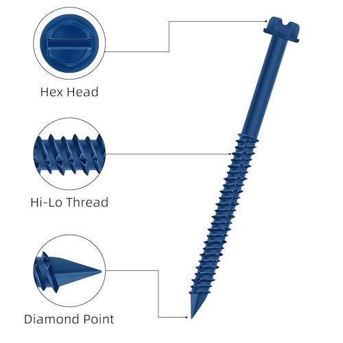 1/4" x 5" Blue Hex Head Concrete Screw Anchor Kit for Anchoring to Masonry, Block or Brick, 50 PCS 1/4" x 5" Blue-Hex Head