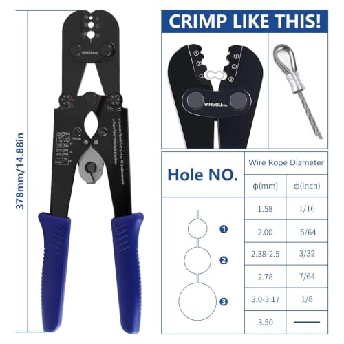 Yangoutool Wire Rope Crimping and Cutting Kit for 1/16-1/8 Inch Steel Cable, with 100 Aluminum Sleeves and 50 Thimbles for Aluminum Oval Sleeves, Double Sleeve 1608T