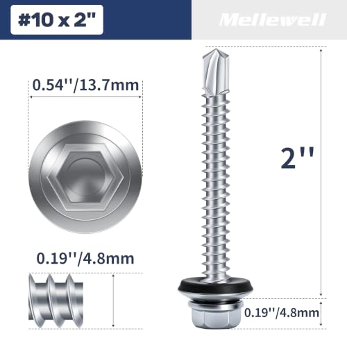 Mellewell #10 x 2 Self Drilling Metal Roofing Screws, Sheet Metal Roof Screws with EPDM Rubber Washer, Hex Head Self Tapping Screws, Hex Bit Socket Included, Carbon Steel, 250 PCS Silver #10 x 2"