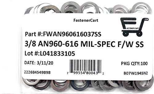 3/8" AN960-616 Mil-Spec Flat Washers Stainless Steel AN960-616 (3/8 ID x 5/8 OD x.062 THK) 100 Pieces