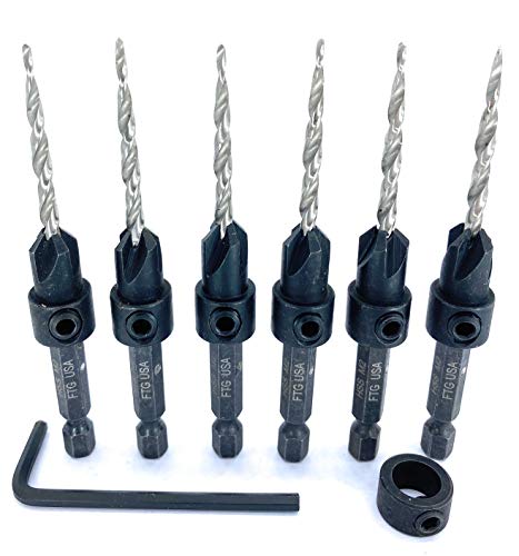 FTG USA Countersink Drill Bit Set 6 Pc #6 (9/64") Wood Countersink Drill Bit Pro Pack Countersink Set, with 3 Replacement Tapered Countersink Bits 9/64", 1 Stop Collar, 1 Hex Wrench
