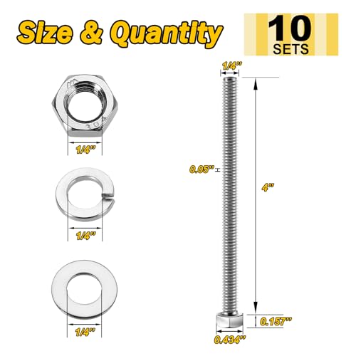 Mywish 50Pcs 3/8-16 4-Jaw Tee Nuts for Bolts & (10 Sets) 1/4-20x4 Hex Head Assorted Screws Nuts and Bolts with Flat & Lock Washers, 304 Stainless Steel 18-8, Fully Threaded, Metric Bolt Assortment