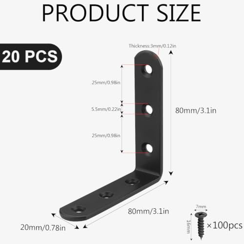 20 Pack Black L Brackets for Wood, 3" x 3" Heavy Duty Metal Right Angle Brackets, Corner Shelf Brackets for Shelves Bookshelf Cabinets Furniture (120pcs Screws Included) 80X80MM