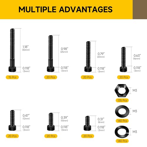 Mywish 900Pcs M3 M4 M5 M6 Metric Screws Assortment & 550Pcs M3 Metric Screws and Nuts Assortment, Grade 12.9 Alloy Steel Hex Socket Head Cap Screws and Nuts, Black Oxided with Hex Spanner