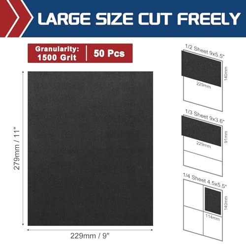50Pcs Sand Papers 9x11In 1500 Grit Sandpaper Sheets Silicon Carbide 50