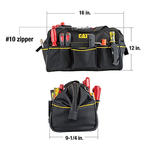 CAT 16-Inch Pro Wide Mouth Tool Bag, 14 Pockets for Tool Storage and Organization, Premium 1680D Water-Resistant Polyester Weave, Adjustable Shoulder Strap - 980206N 16 Inch