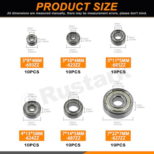 60Pcs 6 Sizes Carbon Steel Ball Bearing Deep Groove Ball Bearing Double Shielded Bearings for Furniture Wheels Skateboards Scooters