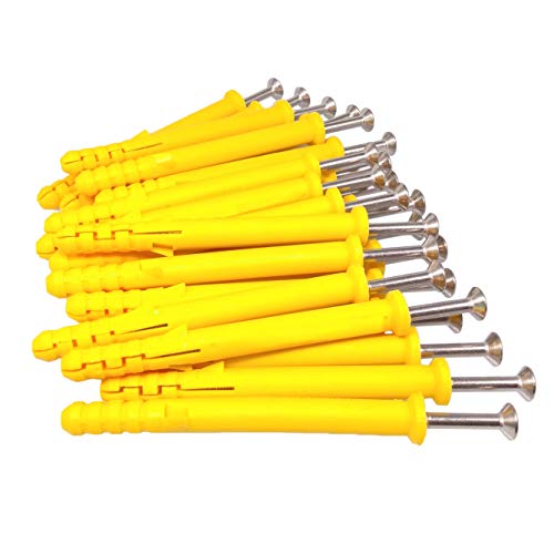 Yodaoke 50pcs 304 Stainless Steel M6 x 100mm Phillips Flat Head Self Tapping Screws and 10 x 100mm Plastic Drywall Ribbed Anchors