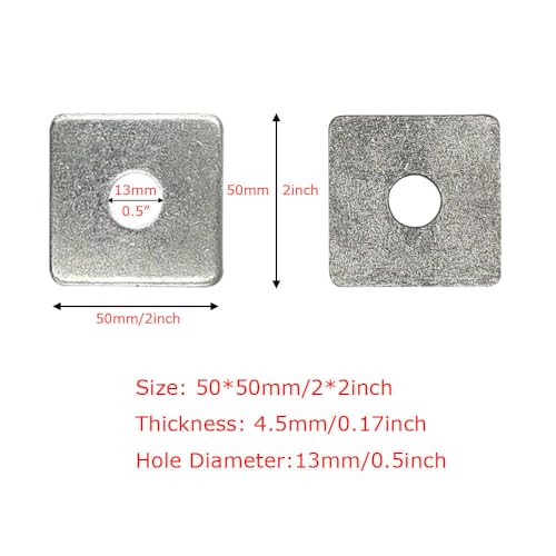 10 Pack Galvanized Square Strut Washer Plate, 1/2" ID 2"x2" Flat Washer 4.5mm Thick