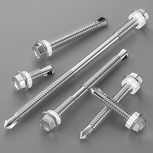 Wensilon (50Pcs)#14×7" Hex Washer Head Self Drilling Screws, 410 Stainless Steel Metal SheetScrews，TEK Screws, Self Drilling Screws, Self Tapping Screws,Extensions Extra Long Screws #14×7” Silver