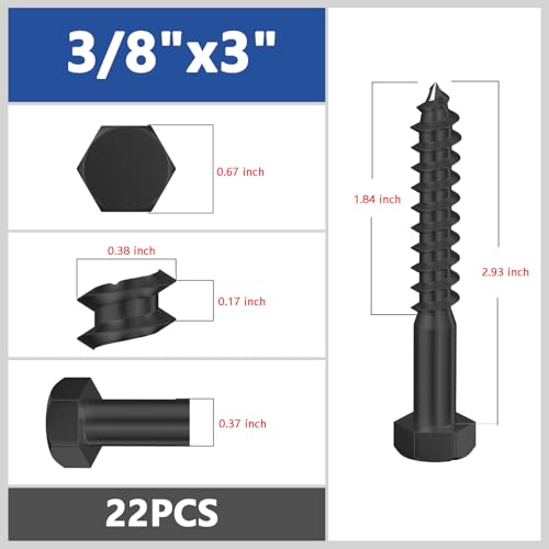Wensilon Lag Screws Wood Screws (22PCS, 3/8"x3", Black) Hex Head Lag Bolts,(10x75) Heavy Duty Lag Screws,304 Stainless Steel Bolts 18-8 3/8"x3"