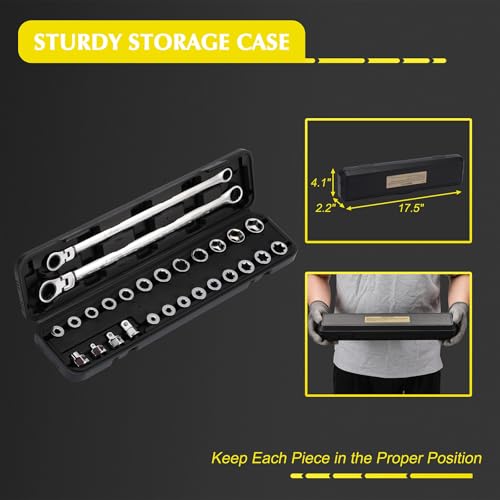 EMENTOL 27PCS Extra Long Flex Head Ratcheting Wrench Set, CR-V, Double Box End Ratchet Wrench Set with 8mm - 22mm, E8 - E22, 1/4", 3/8", 1/2" Socket Adapters Replacement Heads 27PCS WRENCH SET