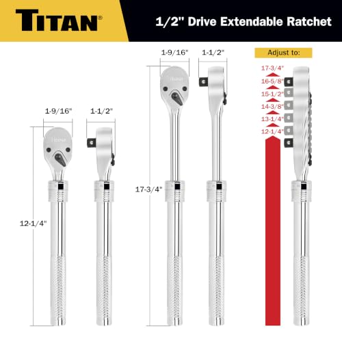 Titan 12182 1/2-Inch Drive x 12-1/4-Inch to 17-3/4-Inch 72-Tooth Extendable Ratchet Knurled Handle