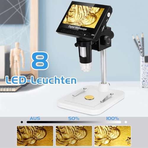 WADEO 4.3 Inch LCD Digital Microscope 1000x Including 32GB Card, Portable Microscope USB Digital Microscope with 8 Adjustable LEDs and Metal Stand, MacOS Windows Compatible 4.3 inches