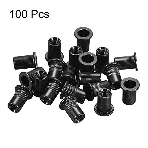 uxcell M6 Rivet Nuts Carbon Steel Zinc-Plated Knurled Flat Head Threaded Insert Nut Black 100Pcs