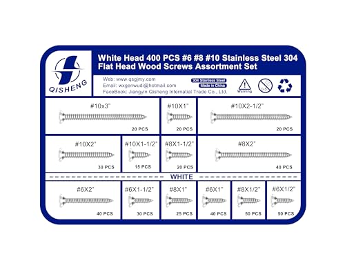 QISHENG 400 PCS White Head #6#8#10 Stainless Steel Phillips Flat Head Wood Screws Assortment Set,Stainless Steel 18-8 A2(304) Screw,Home Screw Kit #6#8#10 Set Set White