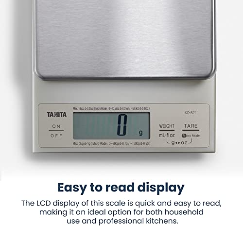 TANITA KD-321 Digital Kitchen Scales – Stainless Steel Food Weighing Scales, 3kg Precision Food Scale, Kitchen Scales Digital for Cooking & Baking, Silver