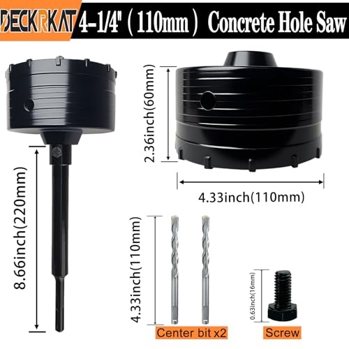 DECKRKAT 4-1/4" Concrete Hole Saw Kit,Electroplated Black Quenching Tech,Heavy-Duty Thickened Alloy Teeth,SDS Plus Shank & 2 Center Bits for Concrete,Brick,Stone. (110mm)4-1/4"