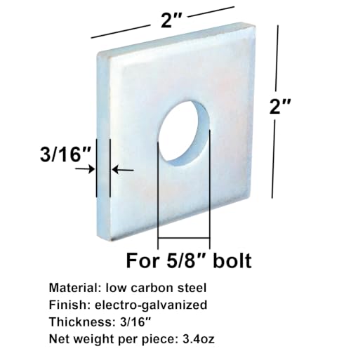 10 Pack Square Plate Washers for 5/8" Bolt, 2" x 2",7/32" Thick