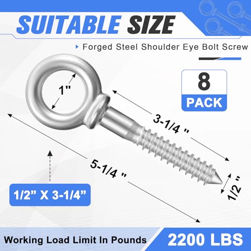 LEIFIDE 8 Pcs Forged Steel Shoulder Eye Bolt 1/2" x 3-1/4" Screw Eye Hook 1/2" X 3-1/4"