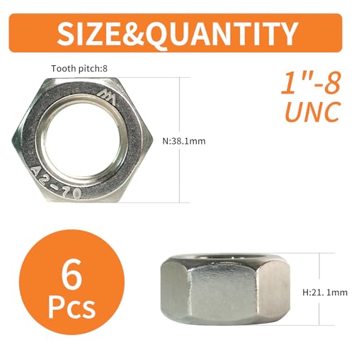 1"-8 Hex Nuts (6pcs), 304 Stainless Steel (18-8), Hardware, UNC, Coarse Thread, SAE, ASME B18.2.2 1"-8