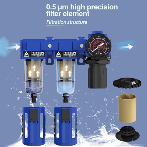 1/2" NPT Air Dryer System,Air Compressor Filter Dryer,5 and 5 Micron Filter Cartridge,Semi-Auto Drain, Metal Bracket-Blue Blue 1/2" NPT