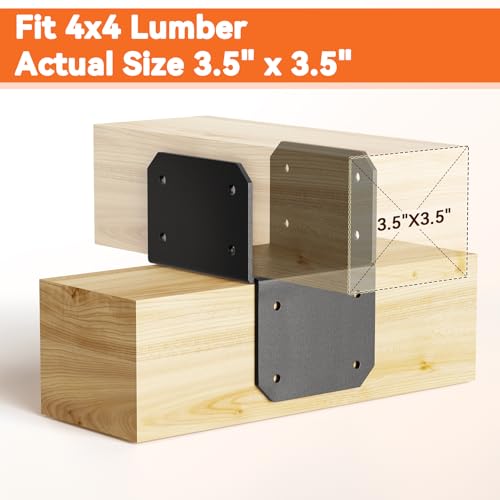 4Pcs 4x4 Joist Anchor Connector - Heavy Duty Steel Post Cap Tie Brakcet, 16 Gauge Carbon Steel 4x4 Post Connector Brackets, Post to Beam Connector Fits 2x4 Lumber(Actual Size 3.5"x3.5") 4 pcs