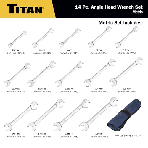 Titan 17284 14-Piece Metric Angle Head Open End Wrench Set, Sizes from 6mm to 19mm, V-Groove Design, Chrome Vanadium Steel Construction