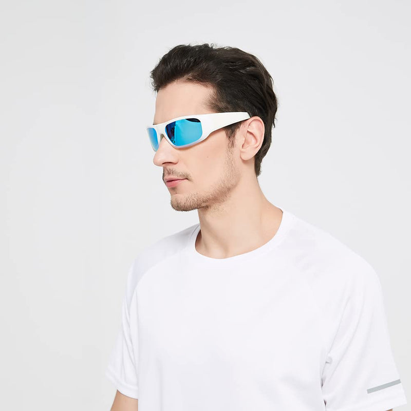 OhO Smart Glasses,Polarized Sunglasses with Bluetooth Speaker,Athletic/Outdoor UV Protection and Voice Control,Unisex(Mirror Blue Lens) Shiny White Frame-blue Lens