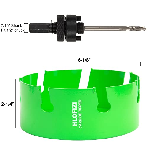 6-1/8 Inch Carbide Tipped Hole Saw for 6" Recessed Lights Multi-Material Hole Cutter with Arbor for Hard Wood, Drywall, Plaster Ceiling, Sheetrock, Plastic, Fiberglass, 5X Faster, Green 6-1/8 In.