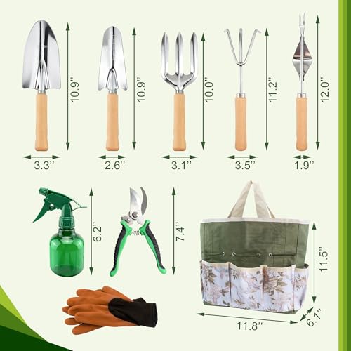 BlingKingdom 9-Piece Garden Tools Set, Stainless Steel Gardening Hand Tool Kit with Tote Bag Easy Storage Perfect Gardening Gifts for Beginners, Women and Men