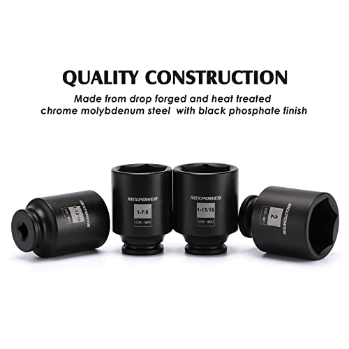MIXPOWER 1/2-Inch Drive Deep Impact Socket Set, Inch, Cr-Mo, 6 Point, 1-13/16",1-7/8", 1-15/16", 2", 4-Pieces 1/2" Dr. Spindle Axle Nut Impact Socket Set, Impact Grade