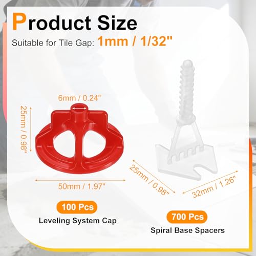 PATIKIL 1 Set Tile Leveling System Clips, 1/32"- 700 Pcs Spiral Base Spacers + 100 Pcs Caps for Wall/Floor Ceramic Tile and Stone Installation Effortless Install Precision, White Red