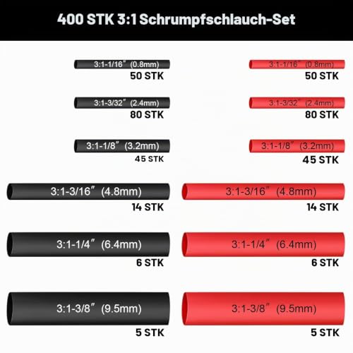 400 Piece 3:1 Heat Shrink Tube Set, Double-Walled Heat Shrink Tube, Waterproof, 6 Sizes Heat Shrink Tube, Heat Shrink Tube with Adhesive for Home, Automotive, Industrial (Black & Red)