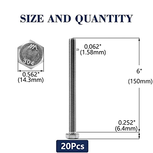 3/8-16 x 6 Hex Head Screw Bolt, 20Pcs 18-8 (304) Stainless Steel, Fully Threaded, Plain Finish, by SG TZH