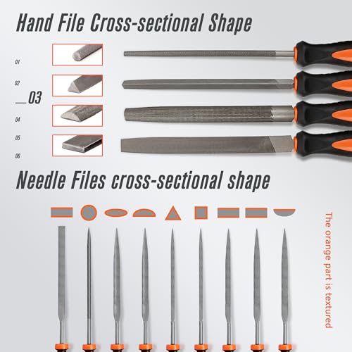19Pcs Hand Metal File Set 4Pcs Flat/Triangle/Half-Round/Round T12 Carbon Steel Files with 14pcs Needle Files, 1 Steel Brush for Shaping Metal Wood Model and Tools