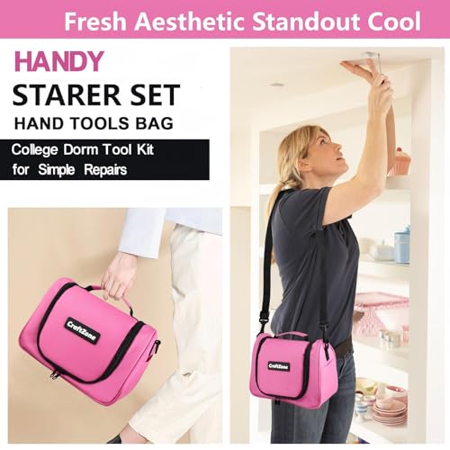 Pink Tool Set | Tool Bag for Women with Shoulder Strap | Basic Tool Kit|21Pcs Tool Pouch with Zipper|Portable Tool Bag with Tools for Home|Dorm|Office|DIY|Desk|Apartment Pink