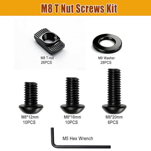 weideer 80PCS M8 T-Nuts Screws Assortment Kit,M8x12/16/20mm Nut and Bolt Assortment Sets for 4040 4080 Series Standard Aluminum Profile,Compatible with Rail Mount BK-80PCS-M8 T-Nuts