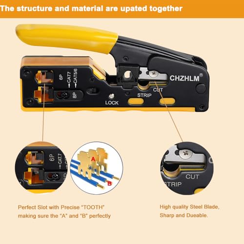 Rj45 Crimp Tool Pass Through Ethernet Crimping Tool kit for 8P-Cat7 Cat6 Cat5 6P Telephone Connector Network Crimp Tool RJ45 Crimper With Cable Tester Covers Connectors Mini Yellow Stripper Cat/5/6/7 RJ45 Crimp Tool Set