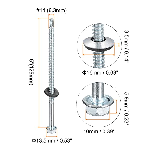 uxcell #14 x 5 Self Drilling Screws with Rubber Washer, 50pcs Zinc Plated Steel Roofing Screws Hex Head Self Tapping Screws with EPDM Washer for Metal to Metal #14 x 5" 50