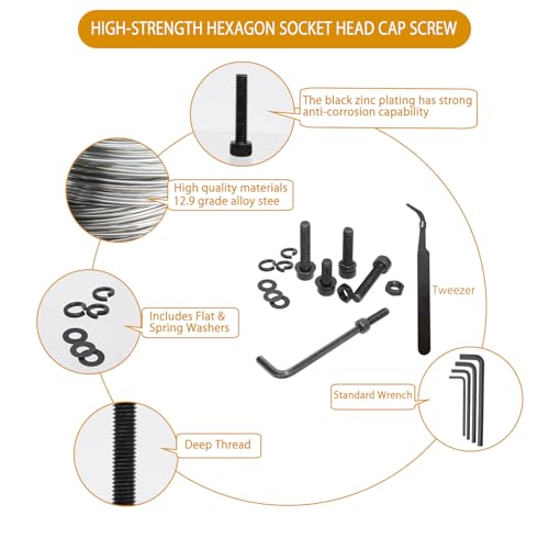 2040pcs 12.9 Alloy Steel Black Zinc Bolts and Nuts Hex Socket Screw Kit (Lock & Flat Washers)- M2,M3,M4,M5,Metric Screw Assortment, Socket Head Cap Screws.