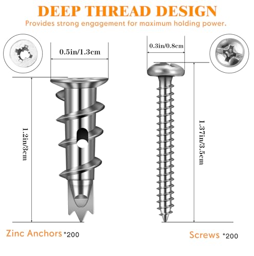 Yaocom 400 Pieces Zinc Self Drilling Drywall Anchors with Screws Kit, (200 Anchors+200 Screws) Bulk Heavy Duty Metal Wall Anchors and #8 x 1-1/4'' Screw
