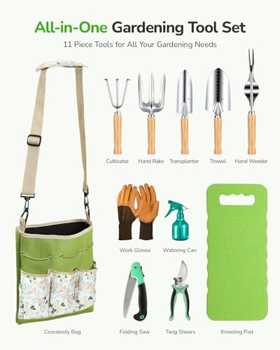 Grenebo Gardening Tools Garden Tool Sets 11-Piece Rust Resistant Kit Green