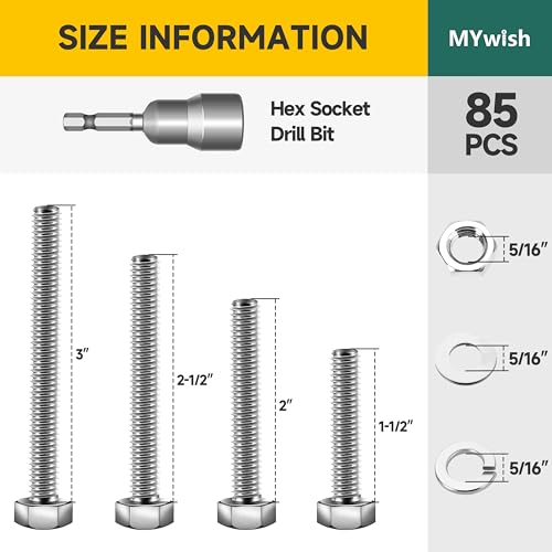 Mywish 85Pcs 5/16-18 Bolts and Nuts Kit & 750Pcs Phillips Flat Head Assorted Screws Assortment Kit, 304 Stainless Steel Bolts and Nuts Kit with Flat Spring Washers, Fully Threaded