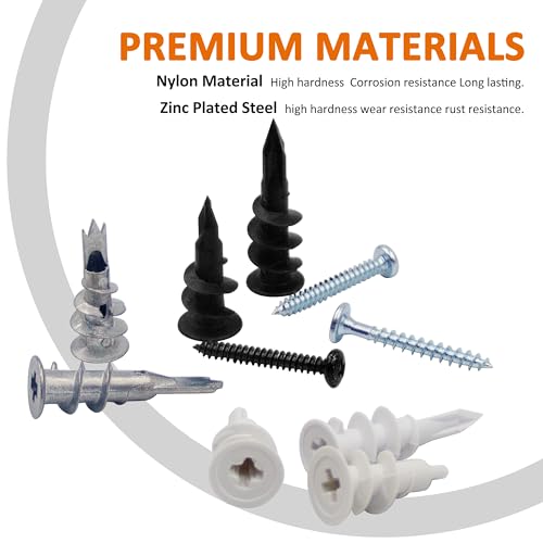 ISPINNER 250pcs Drywall Anchors and Screws Assortment Kit, Nylon and Zinc Self Drilling Wall Anchor for Sheetrock Gypsum - No Pilot Hole Required