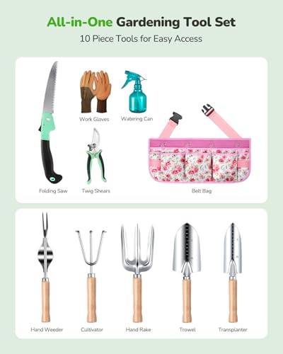 Grenebo Gardening Tools 10-Piece Garden Tool Set, Rust Resistant, Pink