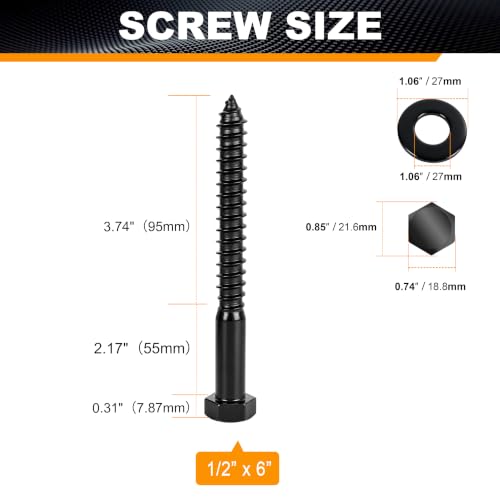 Hex Head Lag Bolts for Wood, 1/2" x 6", Lag Screws 6 PCS 1/2" x 6"