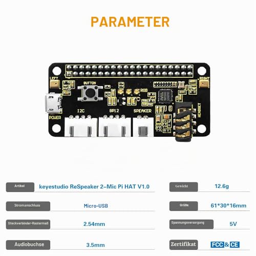 keyestudio ReSpeaker 2-Mics Pi HAT Smart Voice Dual Microphone Expansion Board Base on wm8960 for Raspberry Pi Zero/3B/2B/B+, Raspberry Pi HAT, Raspberry Pi Expansion Board raspberry pi respeaker